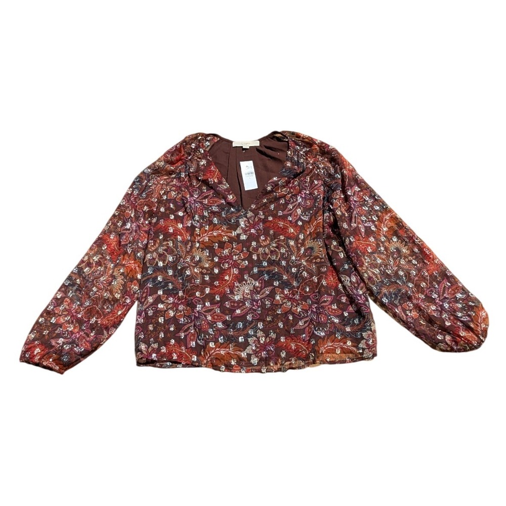 NWT LOFT Blouse Sheer Floral Paisley Metallic Boho Flowy Peasant Top Women Large
